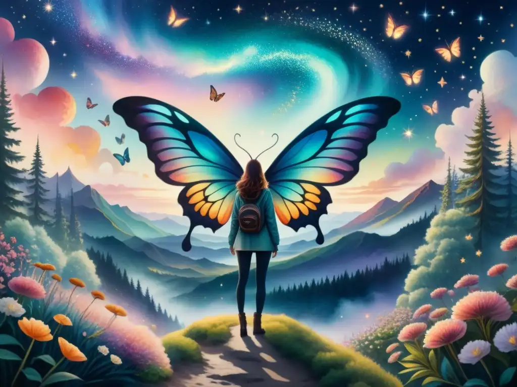 Fantasía acuarela: criatura majestuosa en paisaje surrealista Una pintura acuarela intrincada que representa un paisaje onírico surrealista donde colores vibrantes se mezclan para crear un escenario fantástico