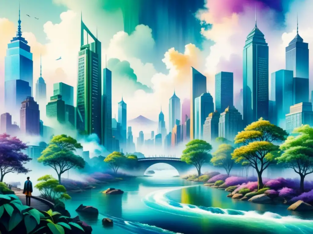 Una pintura acuarela intrincada que fusiona paisajes urbanos con la naturaleza, simbolizando la paradoja postmodernismo libertad creativa