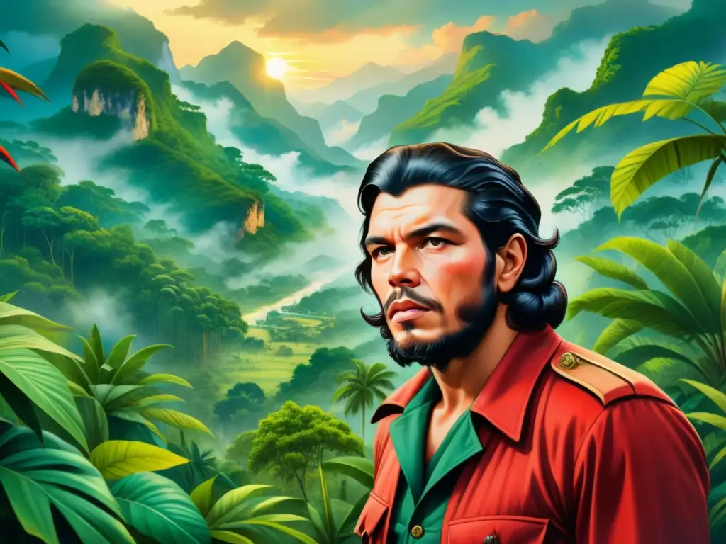 Una pintura acuarela intrincada de Che Guevara liderando a revolucionarios en una jungla latinoamericana vibrante