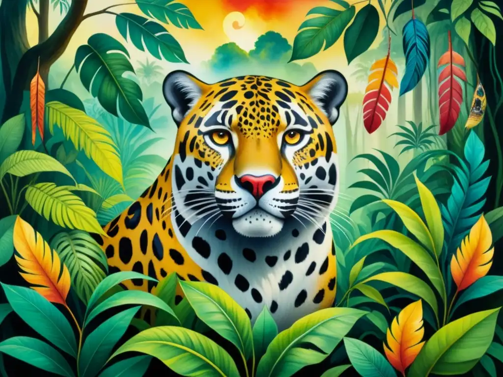 Una pintura acuarela intrincada de la selva latinoamericana, llena de símbolos místicos y un jaguar poderoso en medio de la escena