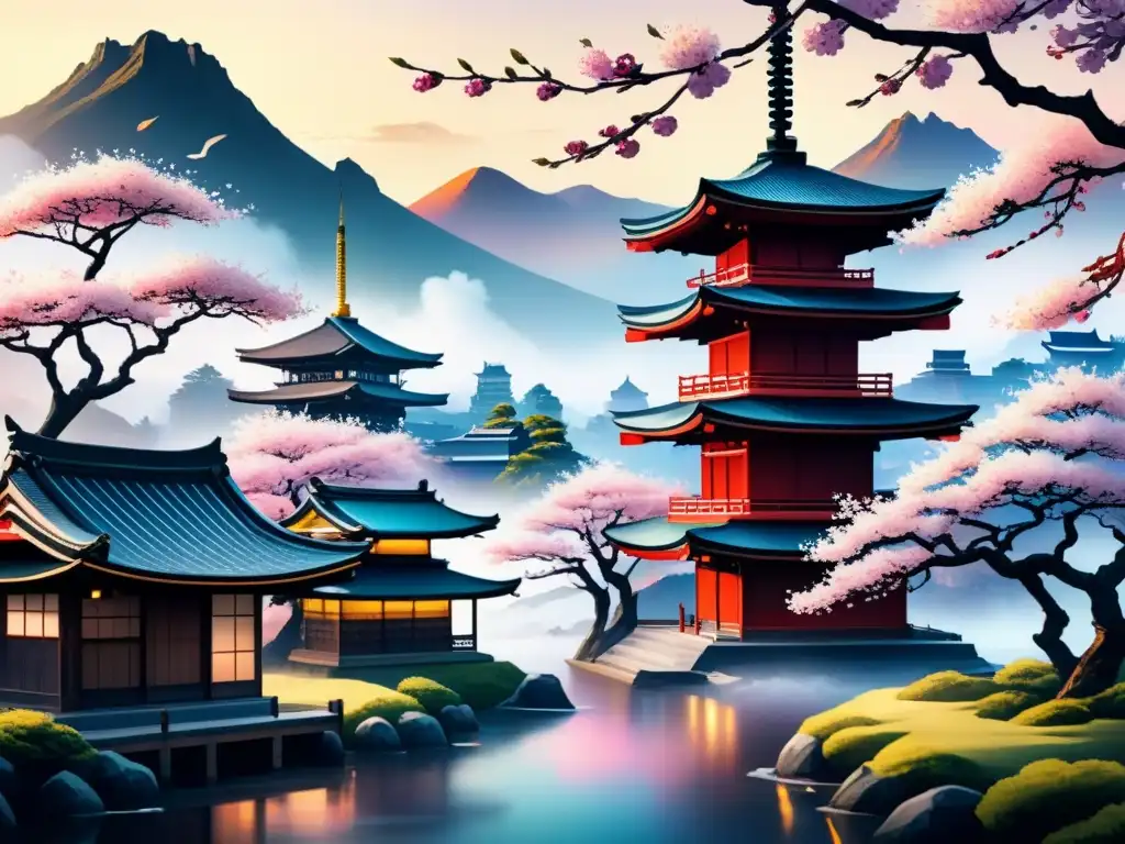 Pintura acuarela intrincada que fusiona técnicas de arte japonés tradicional y modernas digitales
