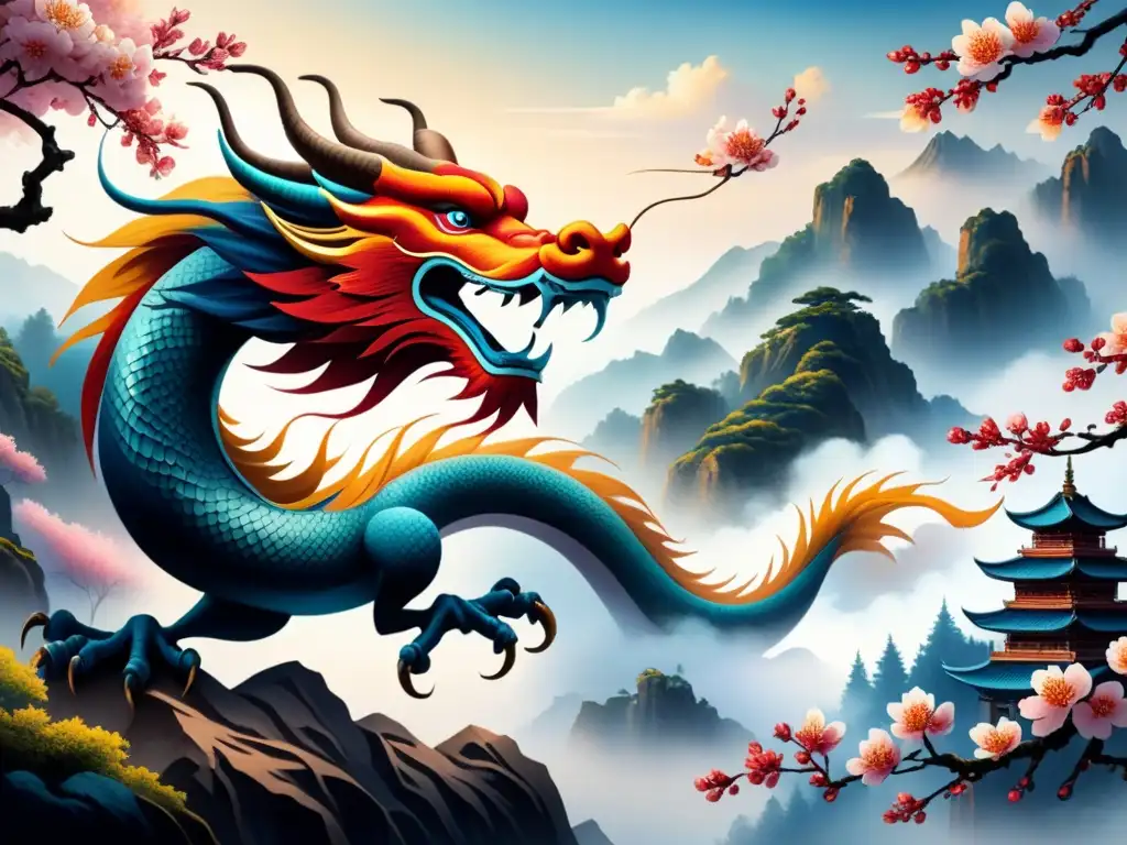 Una pintura acuarela intrincada con vibrante interpretación moderna de motivos tradicionales del arte asiático