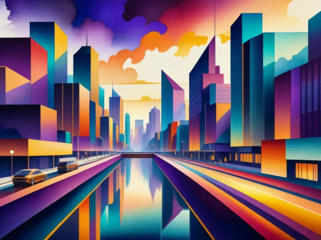 Una pintura acuarela intrincada con vibrantes formas abstractas y colores, evocando una ciudad al atardecer