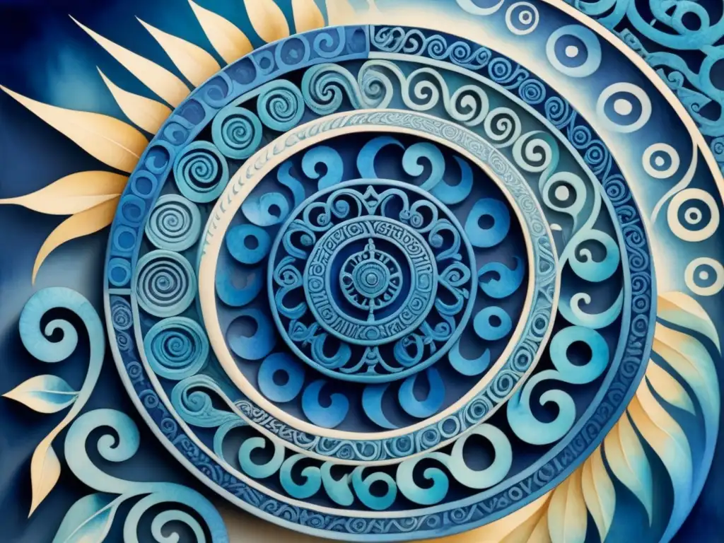 Una pintura acuarela intrincada que representa los vibrantes tonos de azurita y la rica historia de la cultura maya entrelazada en el pigmento azul