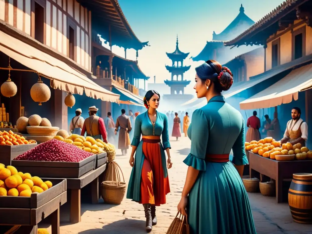 Mercado histórico: acuarela vívida de un bullicioso bazar antiguo Pintura acuarela: mercado antiguo bullicioso con colores vibrantes, detalles intrincados, vendedores y clientes