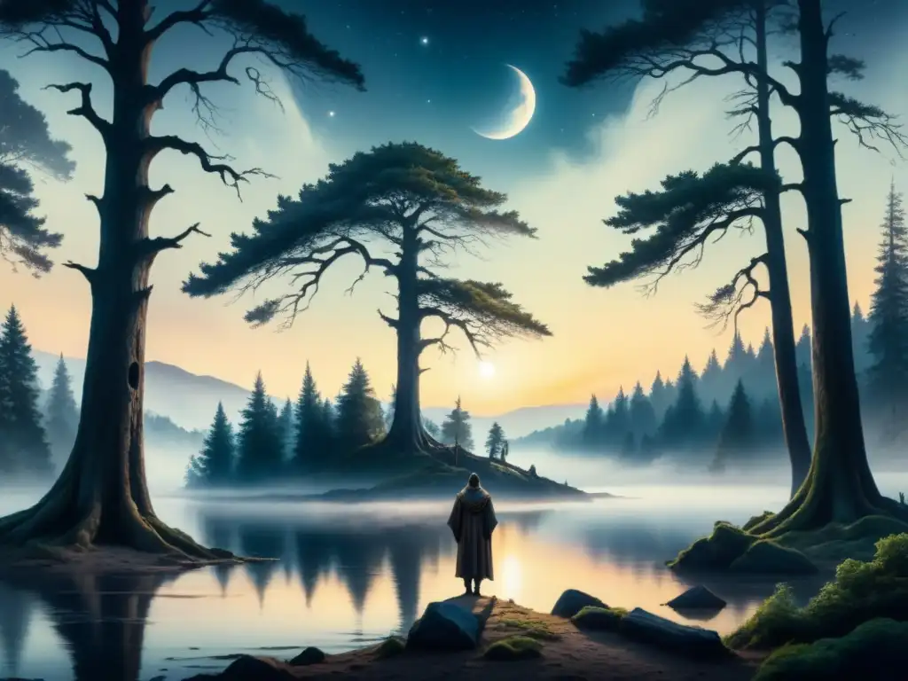 Pintura en acuarela: bosque nocturno con árboles ancestrales, figura solitaria en lago bajo luna llena