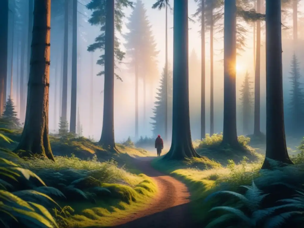 Pintura de acuarela que retrata un paisaje dramático al atardecer, mostrando el contraste de luz y sombra en un claro del bosque