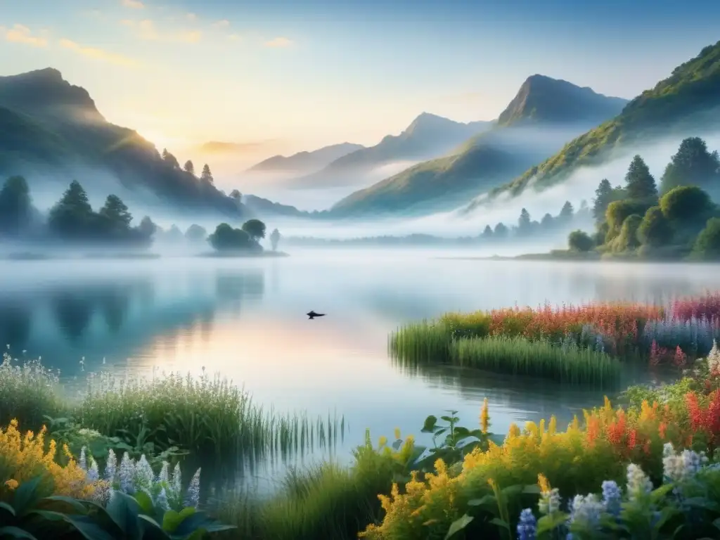 Pintura acuarela: paisaje sereno al amanecer con lago brumoso reflejando el cielo, rodeado de vegetación y flores silvestres