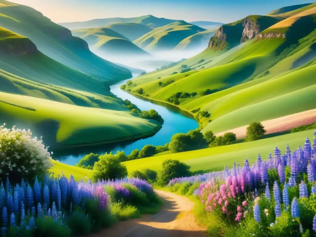 Pintura en acuarela de un paisaje sereno con colinas verdes, un río tranquilo y flores silvestres