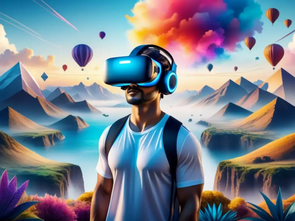 Una pintura acuarela serena que muestra un auricular de realidad virtual integrado en un paisaje surrealista de formas geométricas y colores vibrantes