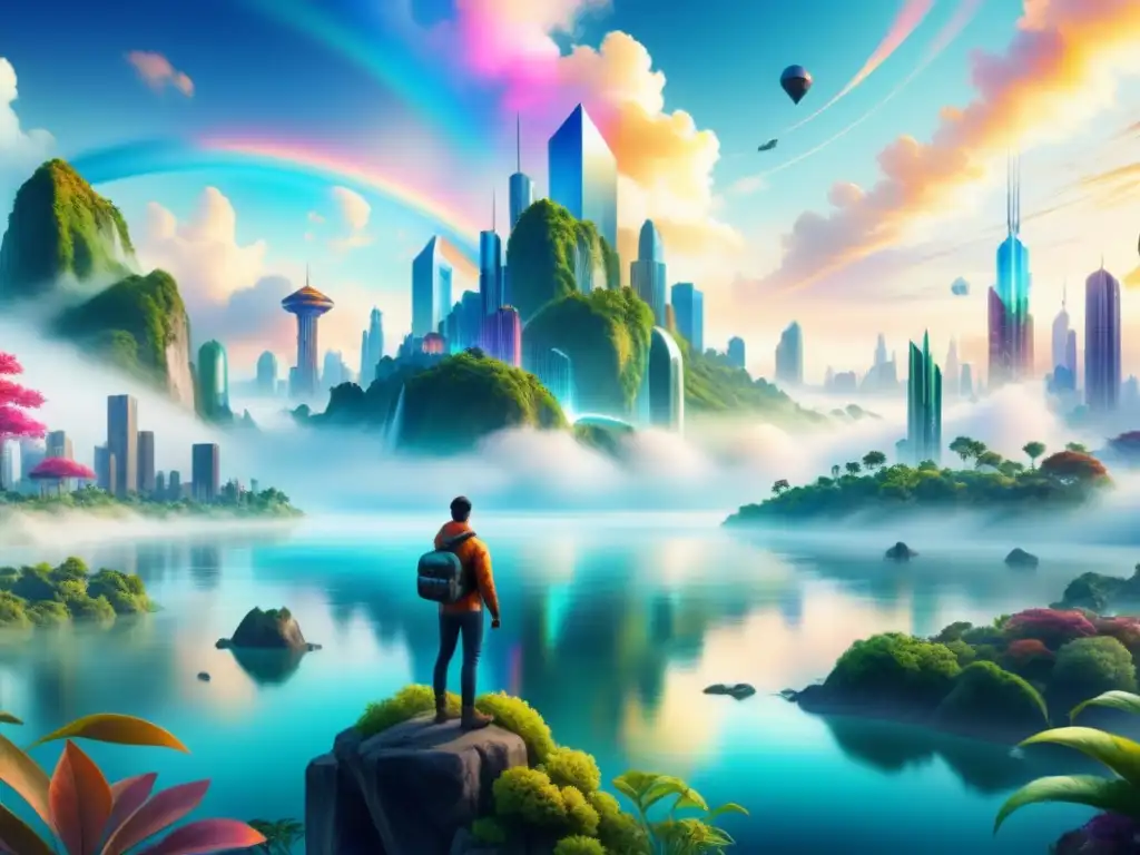 Una pintura acuarela serena y cautivadora de un mundo virtual surrealista, fusionando paisajes vibrantes y tecnología futurista