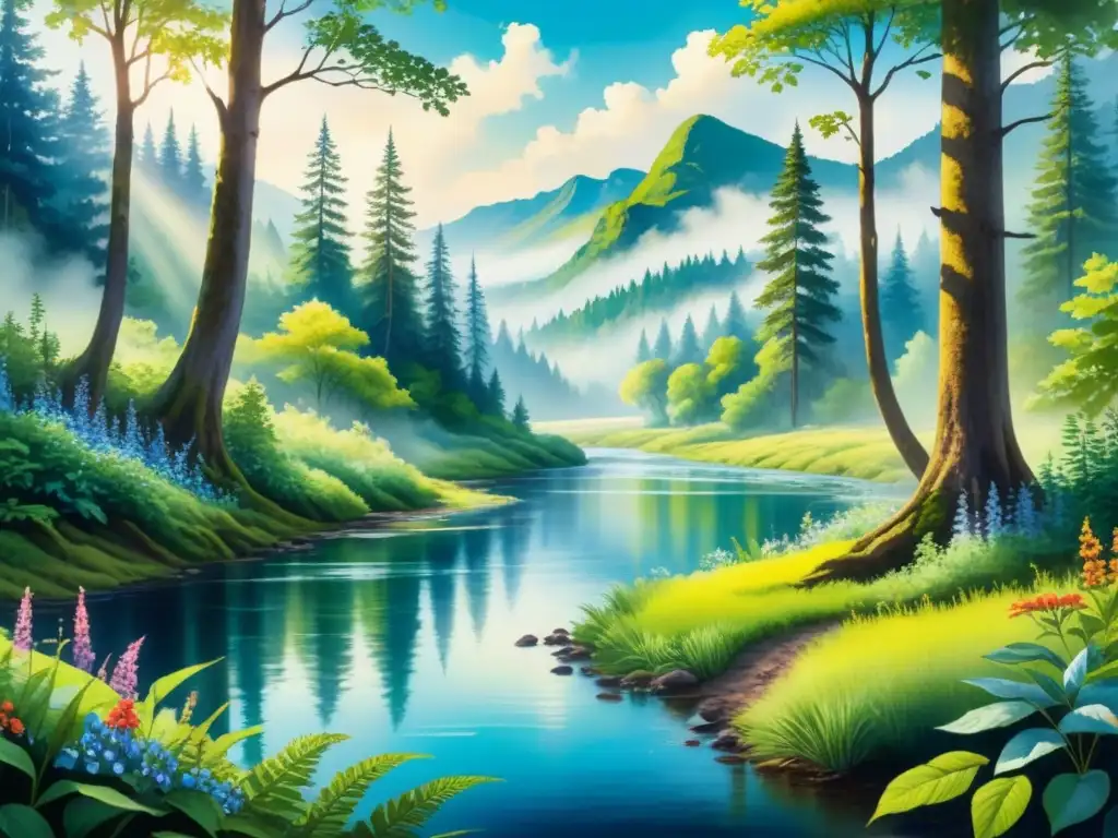 Una pintura acuarela serena de un exuberante bosque verde con un río serpenteante, reflejando el cielo azul