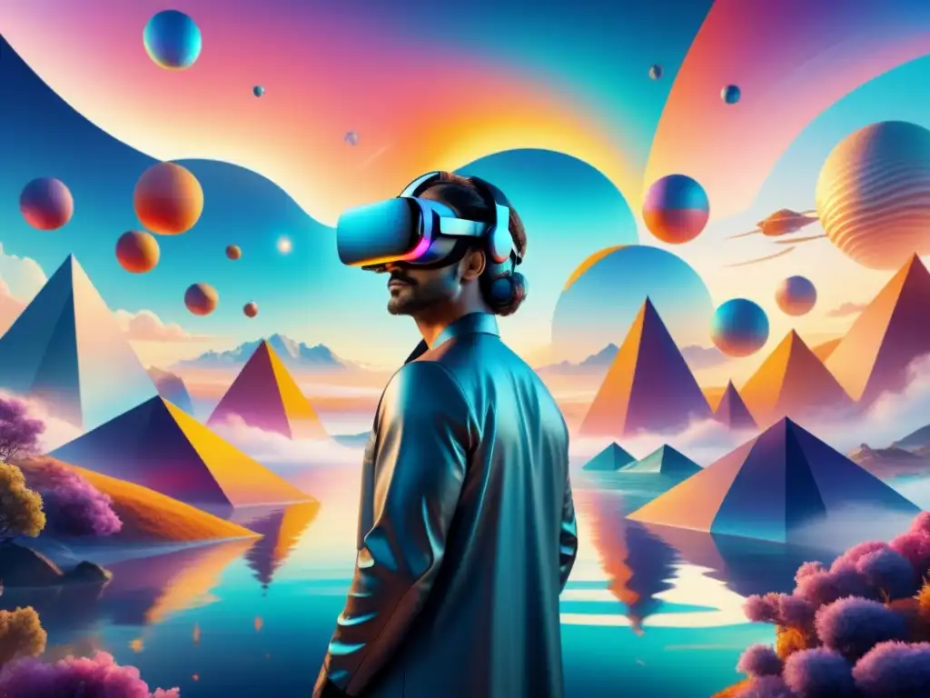 Una pintura acuarela serena de instalaciones arte visual realidad virtual, fusionando formas geométricas con paisajes etéreos en colores vibrantes