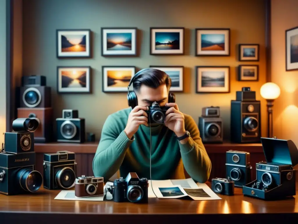 Una pintura acuarela serena e introspectiva de un fotógrafo en una habitación tenue, rodeado de cámaras vintage y fotos en las paredes