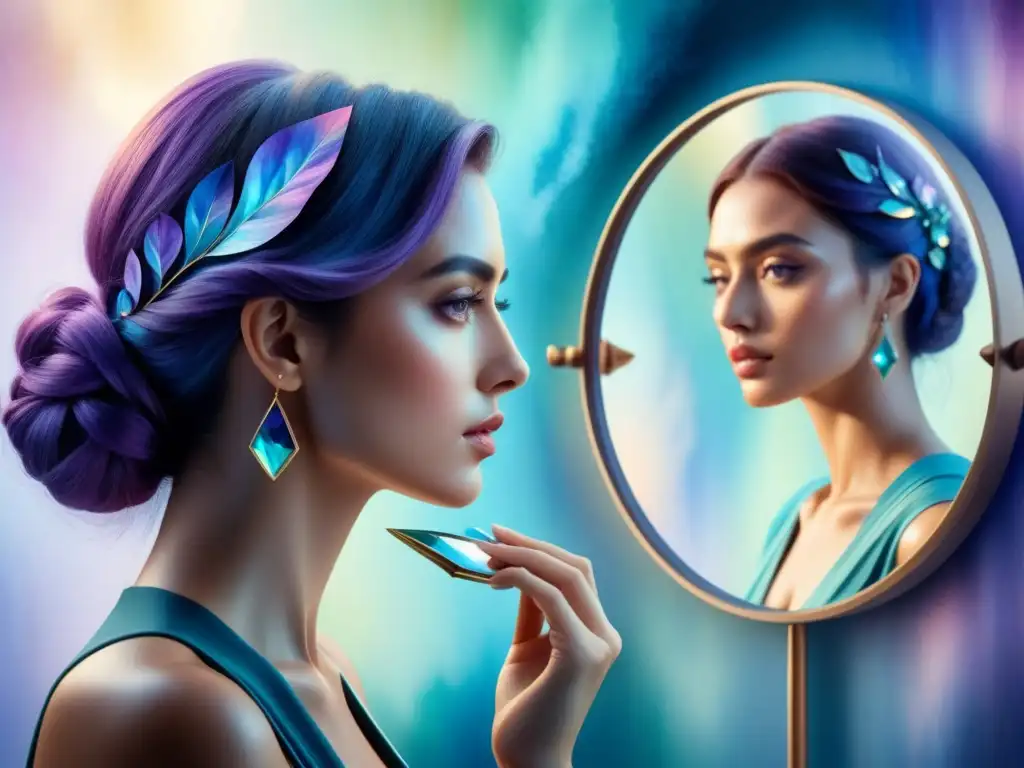 Reflejos del alma: pintura acuarela de reflexión y emociones Una pintura acuarela serena e introspectiva de una persona mirando al espejo, con un torbellino de emociones en su reflejo
