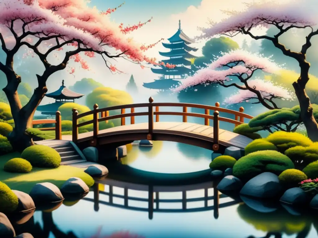 Pintura en acuarela serena de jardín japonés en estilo Sumie para principiantes