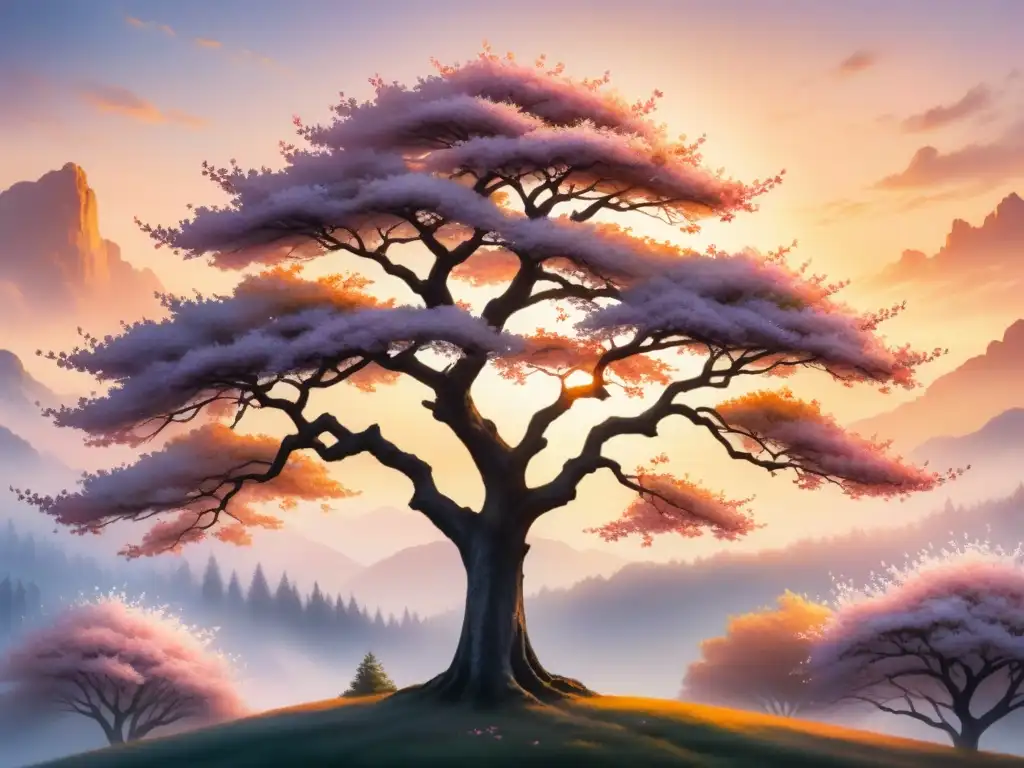 Una pintura acuarela serena de un solitario árbol de cerezo en plena floración, frente a un suave cielo crepuscular