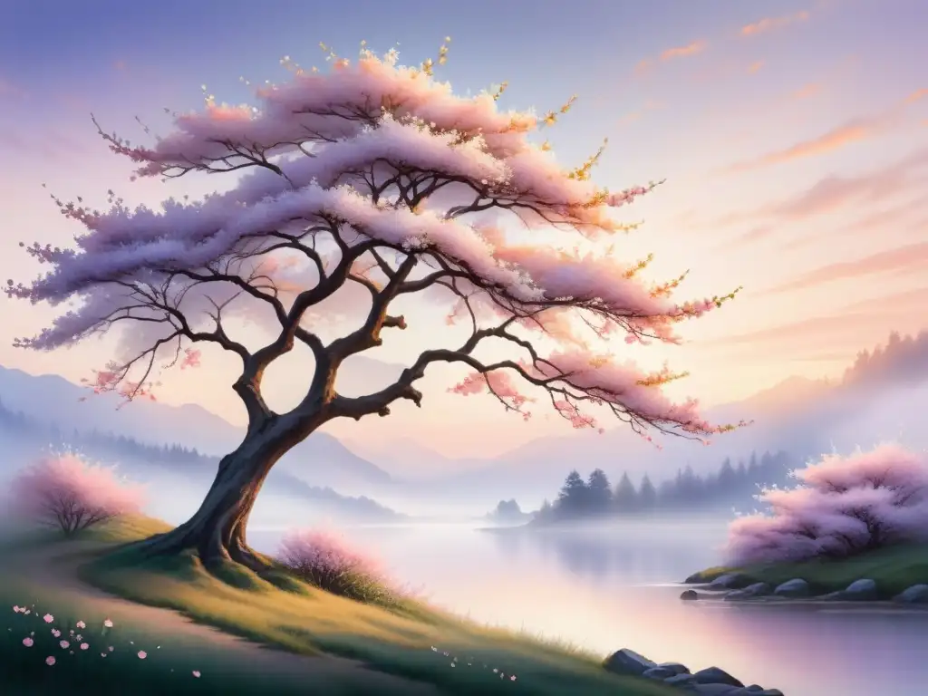 Una pintura acuarela serena de un solitario árbol de cerezo en plena floración, en un cielo suave y pastel con tonos de melocotón y lavanda