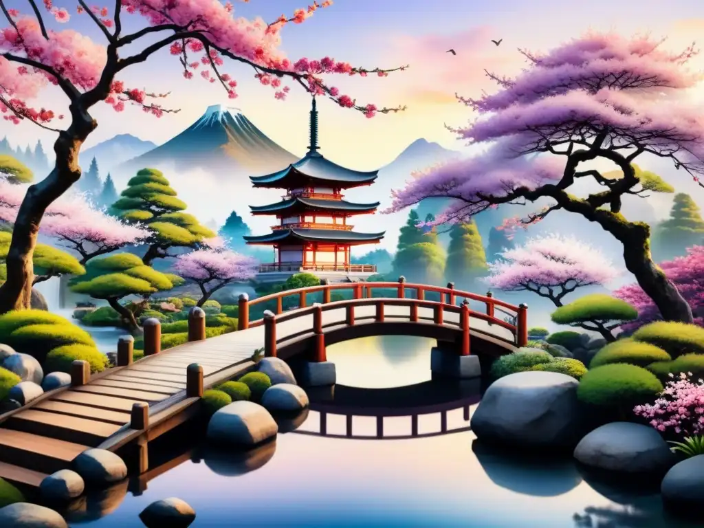 Una pintura acuarela serena de un jardín japonés tradicional, con vibrantes árboles de cerezo en flor, un arroyo con peces koi y un puente de madera