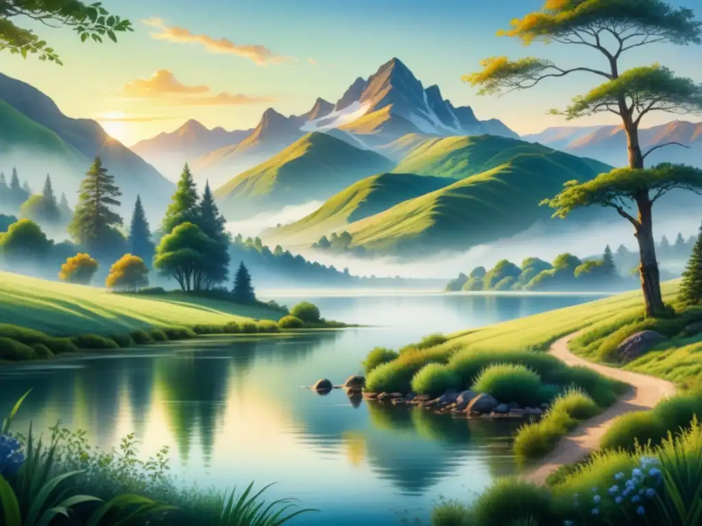 Una pintura acuarela serena de un vasto paisaje verde con colinas onduladas, un lago tranquilo reflejando el cielo azul y una cordillera distante bajo la cálida luz del sol poniente