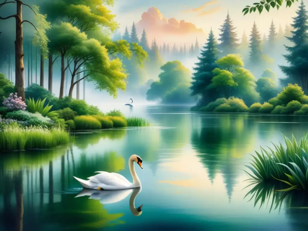 Pintura acuarela: estanque sereno, cisne solitario, naturaleza exuberante