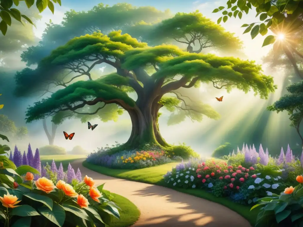 Una pintura acuarela detalla jardín sereno con flores vibrantes y árbol majestuoso; la creación artística promueve crecimiento espiritual