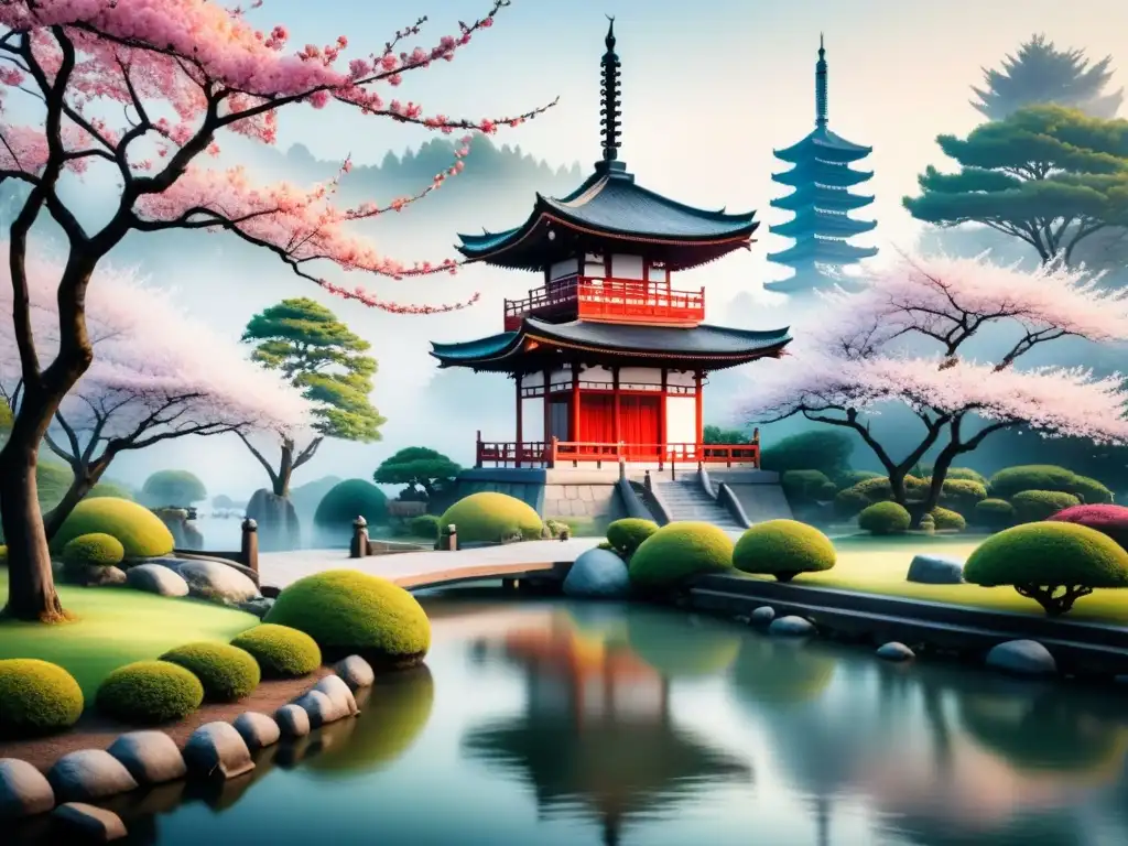 Una pintura en acuarela de un sereno jardín japonés con cerezos en flor y una pagoda tradicional