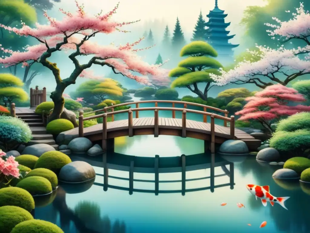 Pintura en acuarela de un sereno jardín japonés con puente de madera y peces koi, ideal para practicar técnicas de sumie para principiantes