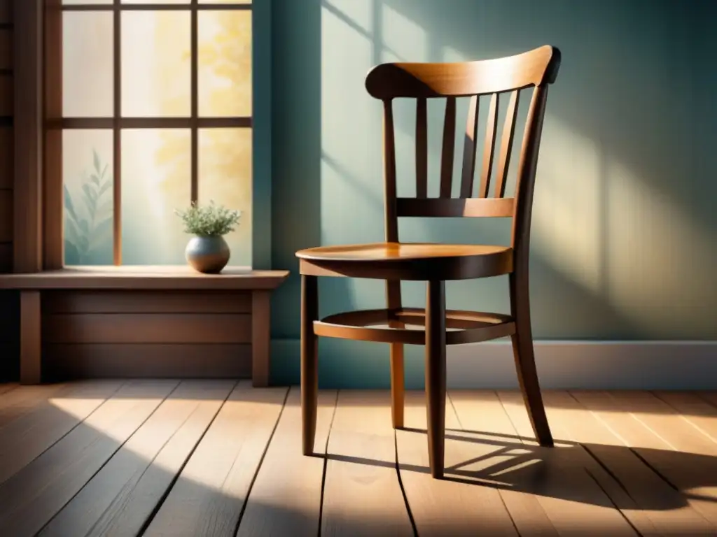 Una pintura acuarela detalla una silla de madera en una habitación iluminada, creando un ambiente sereno