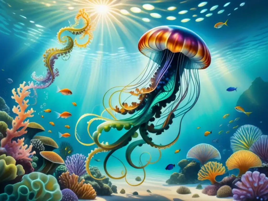 Una pintura acuarela ultradetallada de un escenario submarino surrealista vibrante, lleno de criaturas marinas modificadas genéticamente