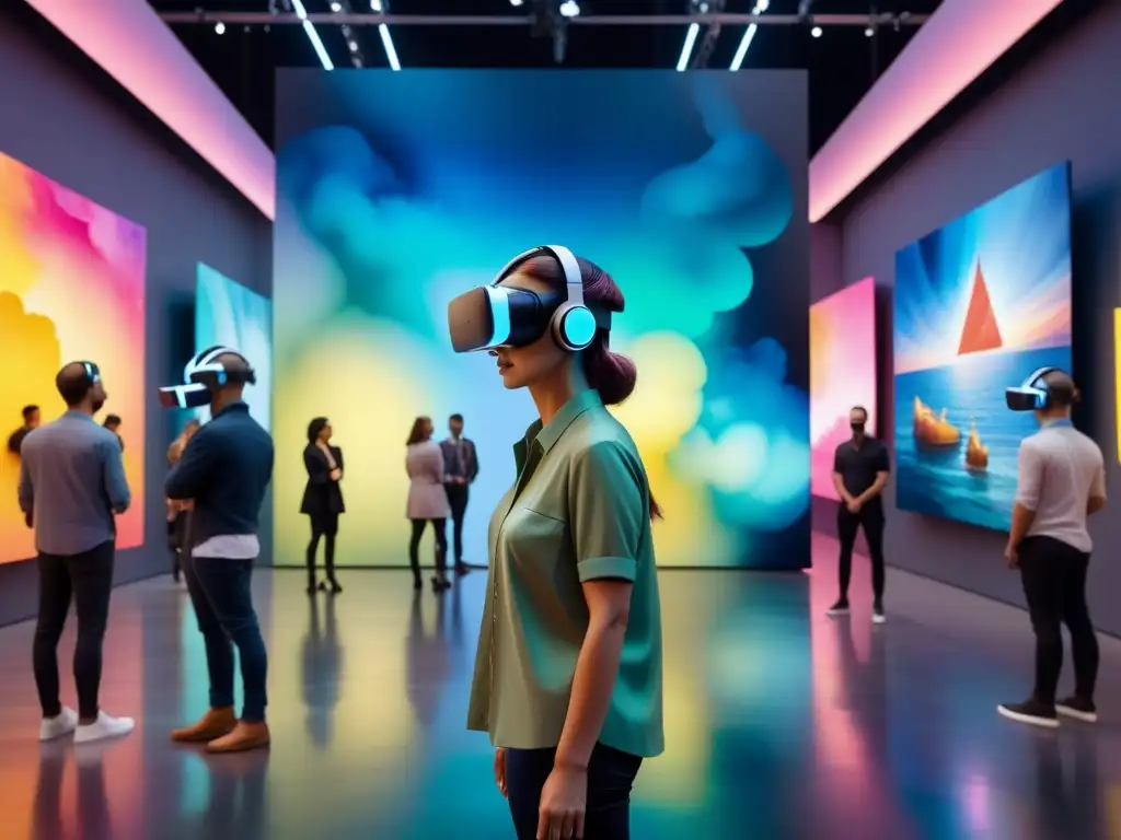 Una pintura acuarela ultradetallada que muestra una exposición de arte moderno inmersiva y fascinante