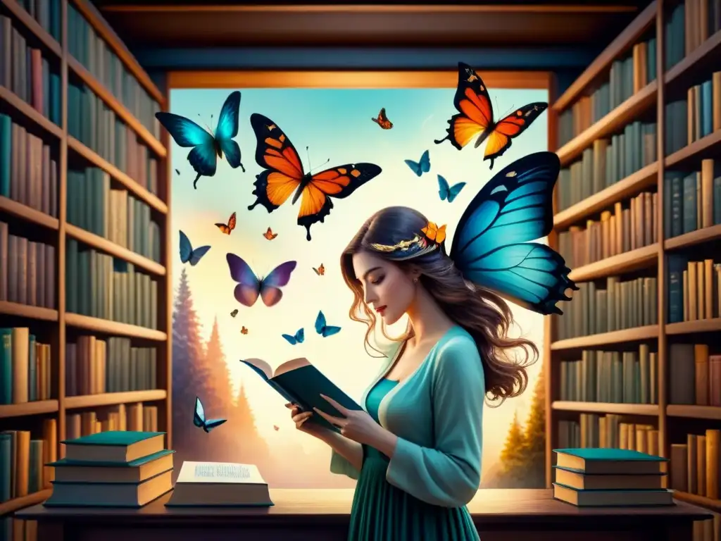 Una pintura acuarela ultradetallada que ilustra libros transformándose en mariposas vibrantes, con alas adornadas con símbolos literarios