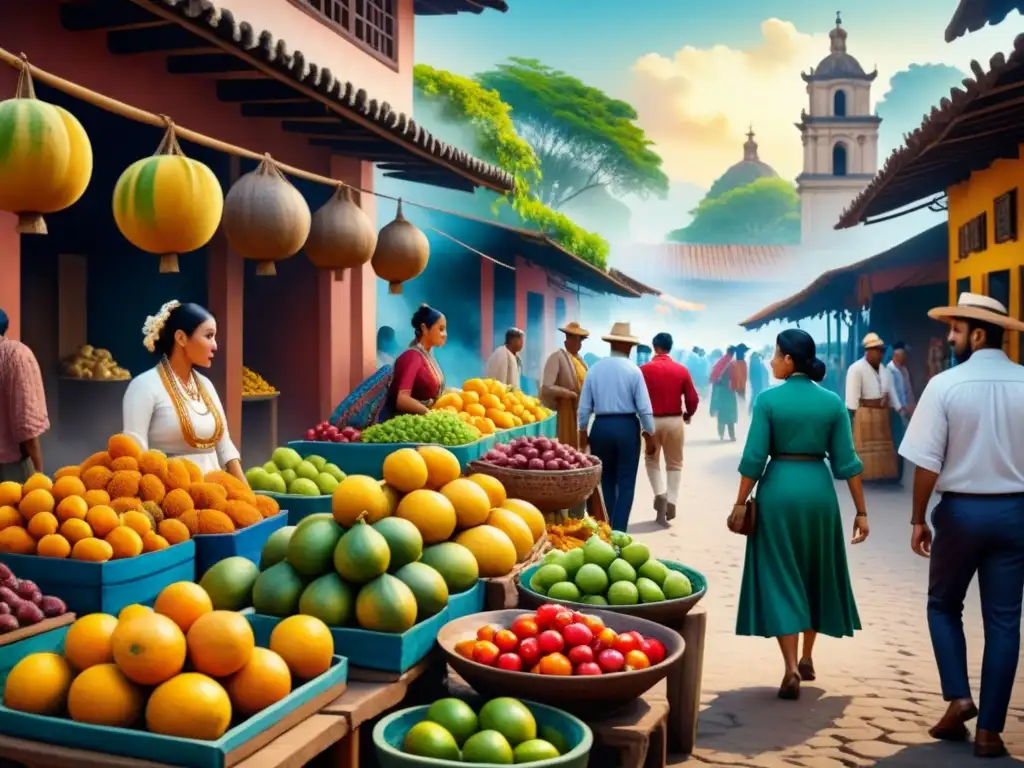 Una pintura acuarela vibrante que muestra un bullicioso mercado en un pueblo latinoamericano histórico, reflejando la riqueza cultural del arte contemporáneo latinoamericano historia diálogo