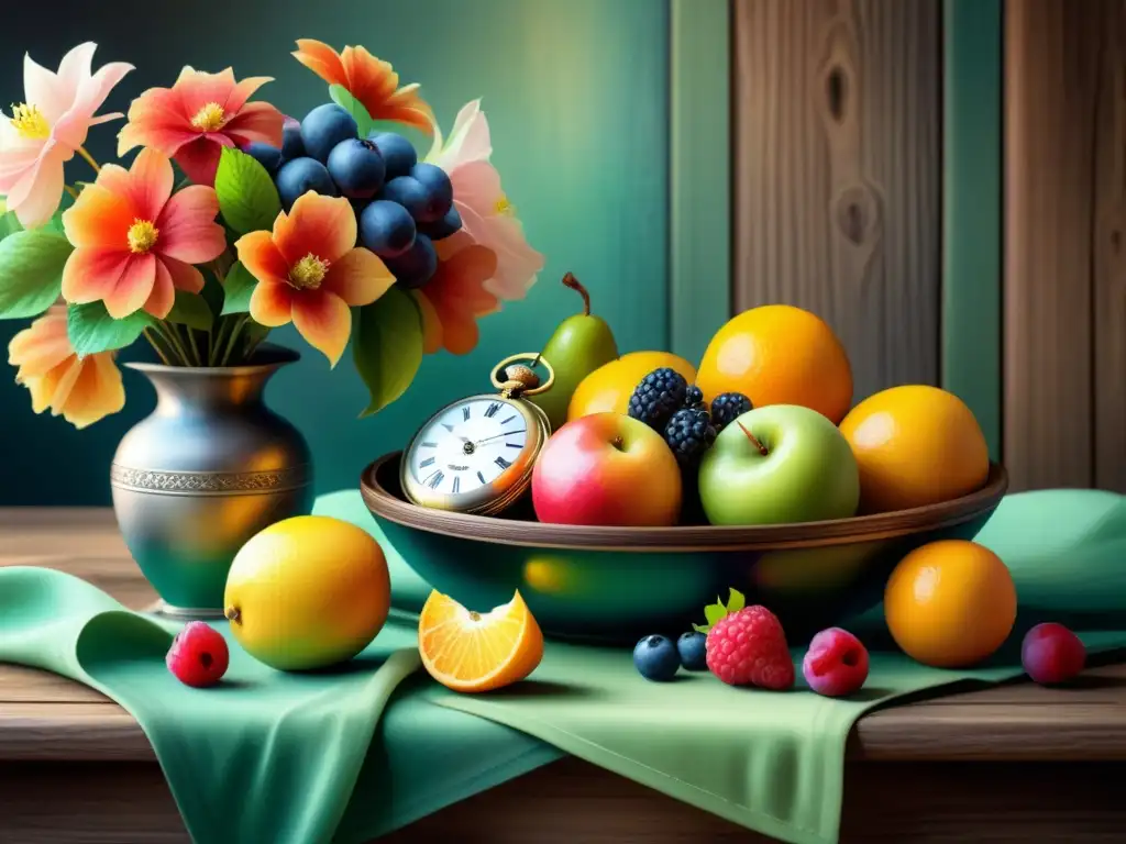 Una pintura acuarela vibrante y detallada de un bodegón tradicional con un giro moderno, mostrando frutas coloridas, flores y un reloj antiguo en una mesa de madera envejecida