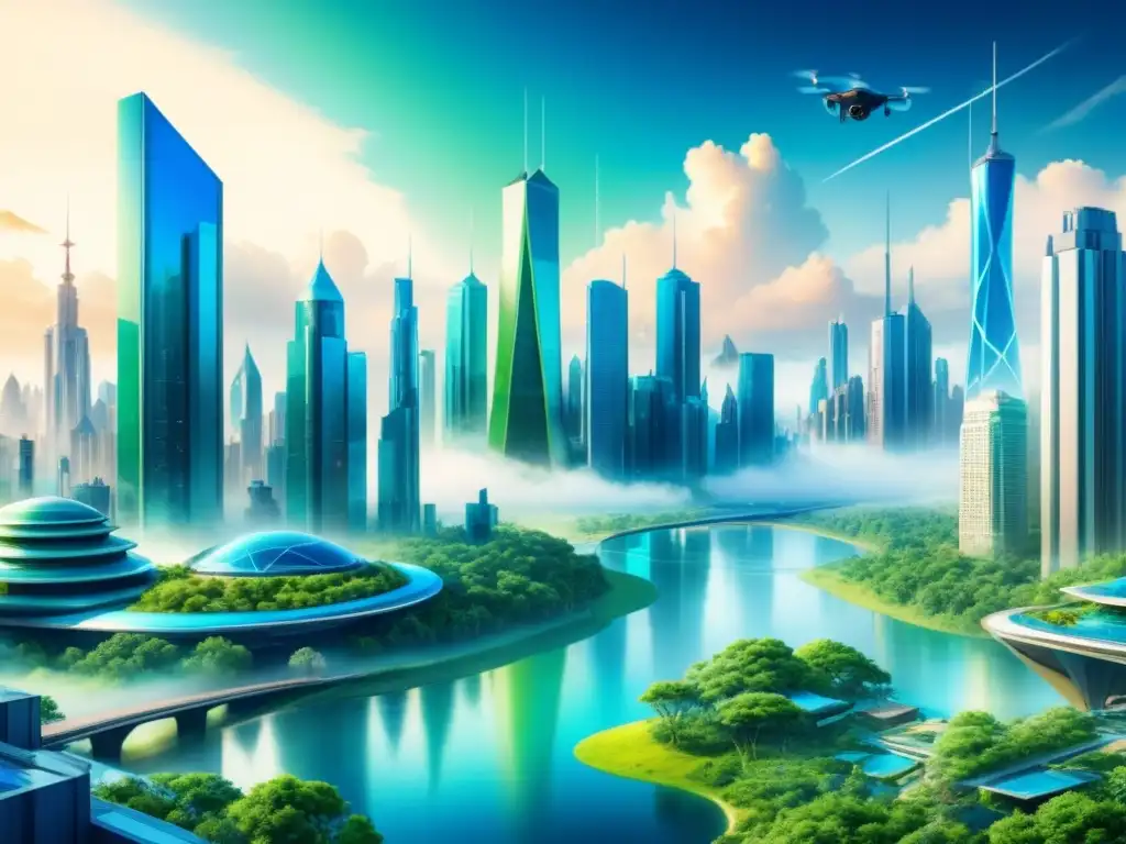 Una pintura acuarela vibrante y detallada de una ciudad futurista integrada con la naturaleza, mostrando la intersección arte ciencia contemporaneidad