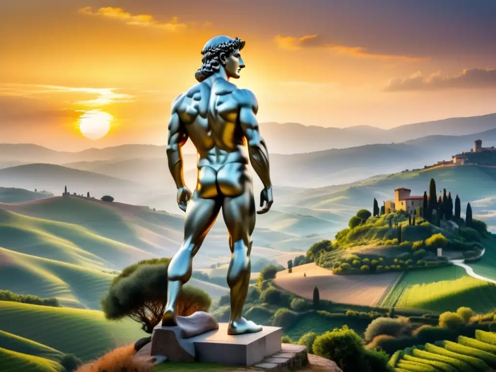 Obra maestra: David de Miguel Ángel en acuarela Una pintura en acuarela vibrante que representa la icónica estatua de David de Miguel Ángel en un escenario de colinas toscanas y un atardecer dorado