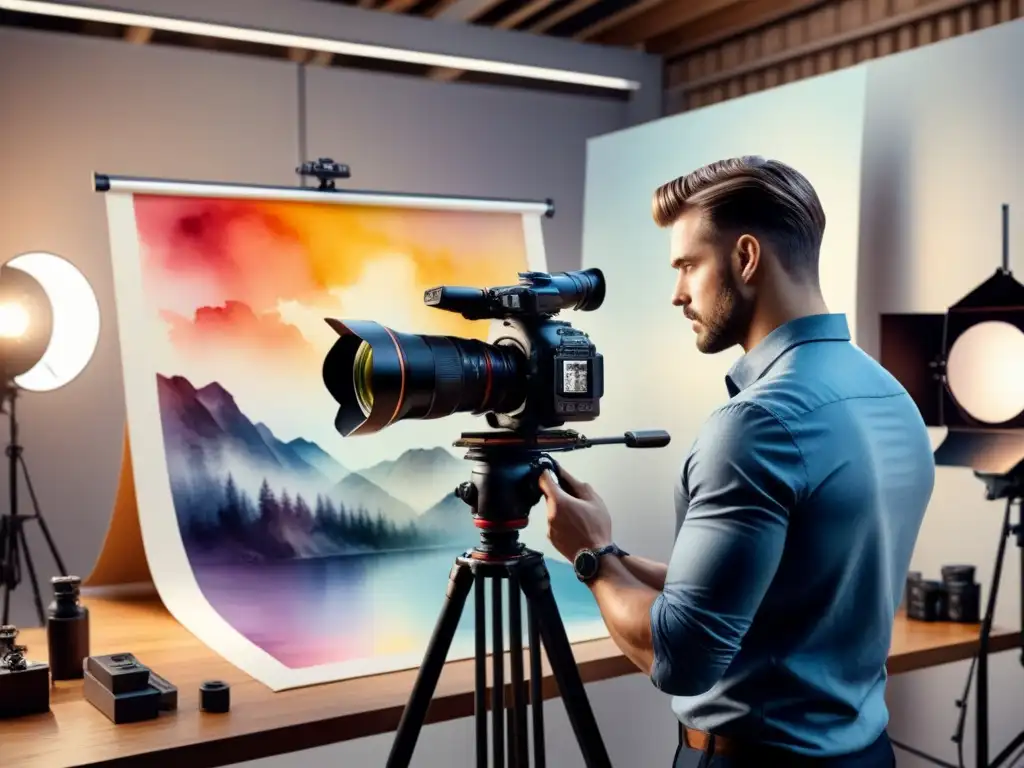 Una pintura acuarela vibrante que muestra un fotógrafo profesional en un estudio, capturando la esencia de una sesión de fotografía de retratos