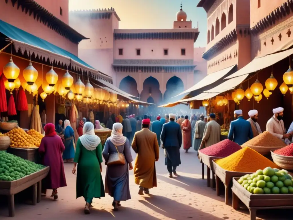 Una pintura acuarela vibrante e intricada de un bullicioso mercado en Marrakech, Marruecos, capturando la intersección cultural y la diversidad visual