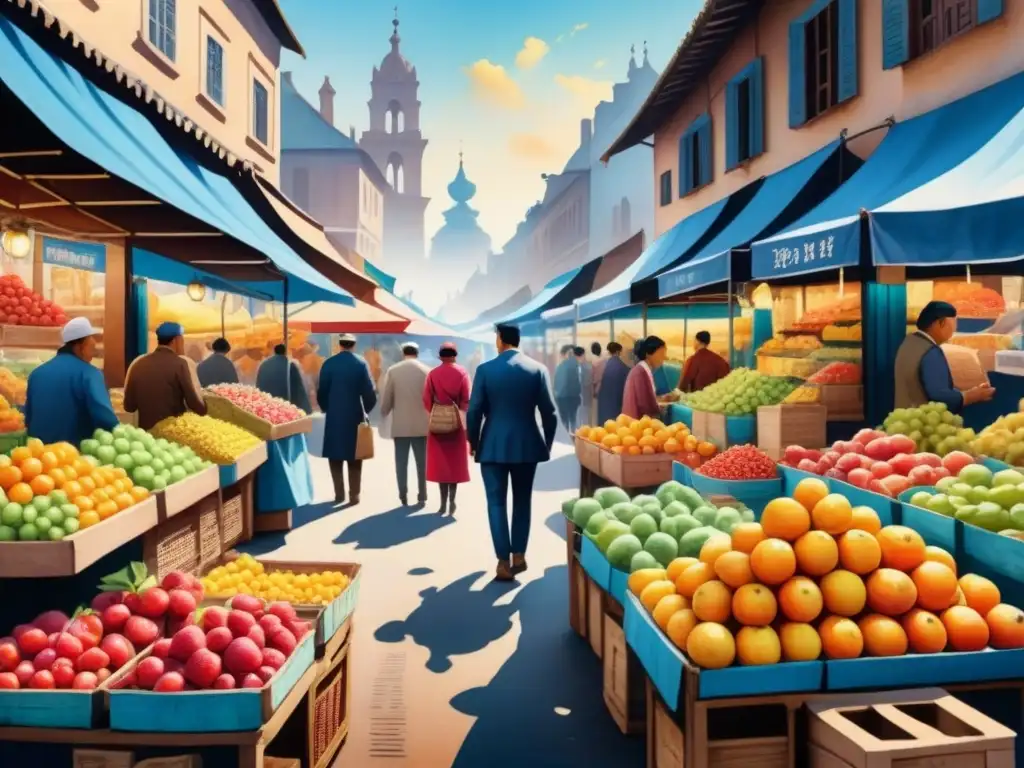 Una pintura de acuarelas en el mercado de subastas, llena de coloridas frutas, flores y textiles bajo un cielo azul brillante