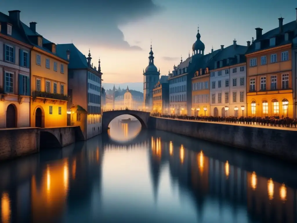 Pintura al agua de una ciudad europea serena en monocromatismo, destacando juego de luces y sombras