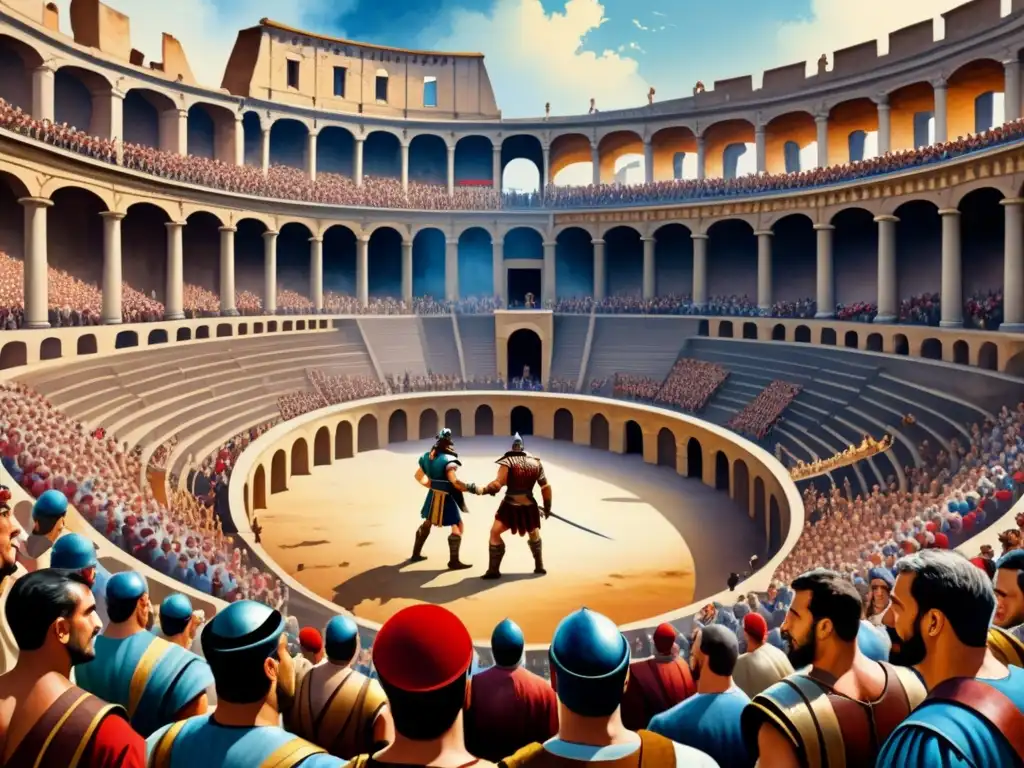 Pintura acuarela de un anfiteatro romano lleno de espectadores viendo una pelea de gladiadores