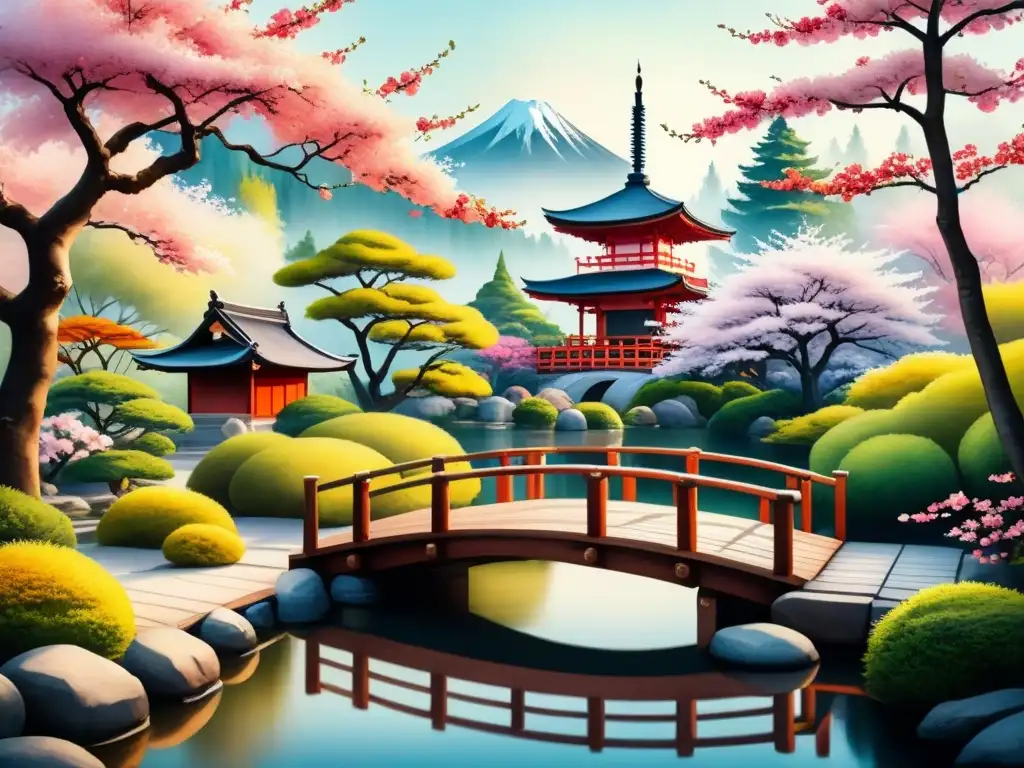 Pintura acuarela de un apacible jardín japonés con puente de madera sobre un estanque lleno de peces koi coloridos