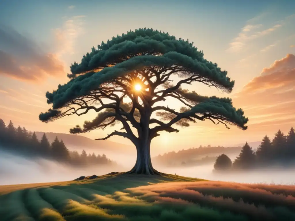 Pintura acuarela de un árbol solitario en un atardecer pastel sereno