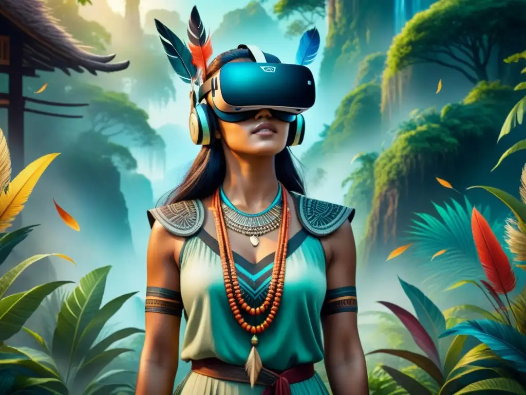 Pintura de arte ancestral en realidad virtual fusionando tradición y tecnología