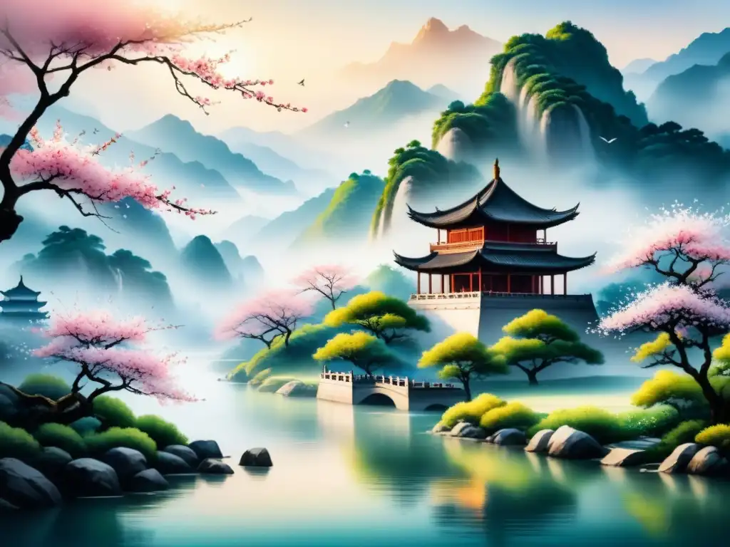 Pintura de arte chino tradicional: historia y técnicas, paisaje sereno con montañas envueltas en niebla y una pagoda entre cerezos en flor