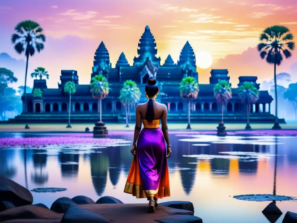 Pintura acuarela del atardecer en Angkor Wat Pintura acuarela de un atardecer vibrante sobre Angkor Wat en Camboya, reflejando en un estanque tranquilo