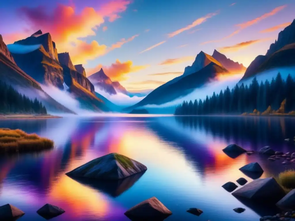 Pintura acuarela de un atardecer vibrante sobre un lago tranquilo