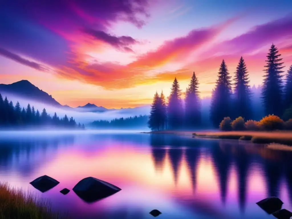 Pintura acuarela: Atardecer vibrante sobre lago sereno Pintura acuarela de atardecer vibrante sobre lago sereno, reflejando cielos en rosa, púrpura y naranja