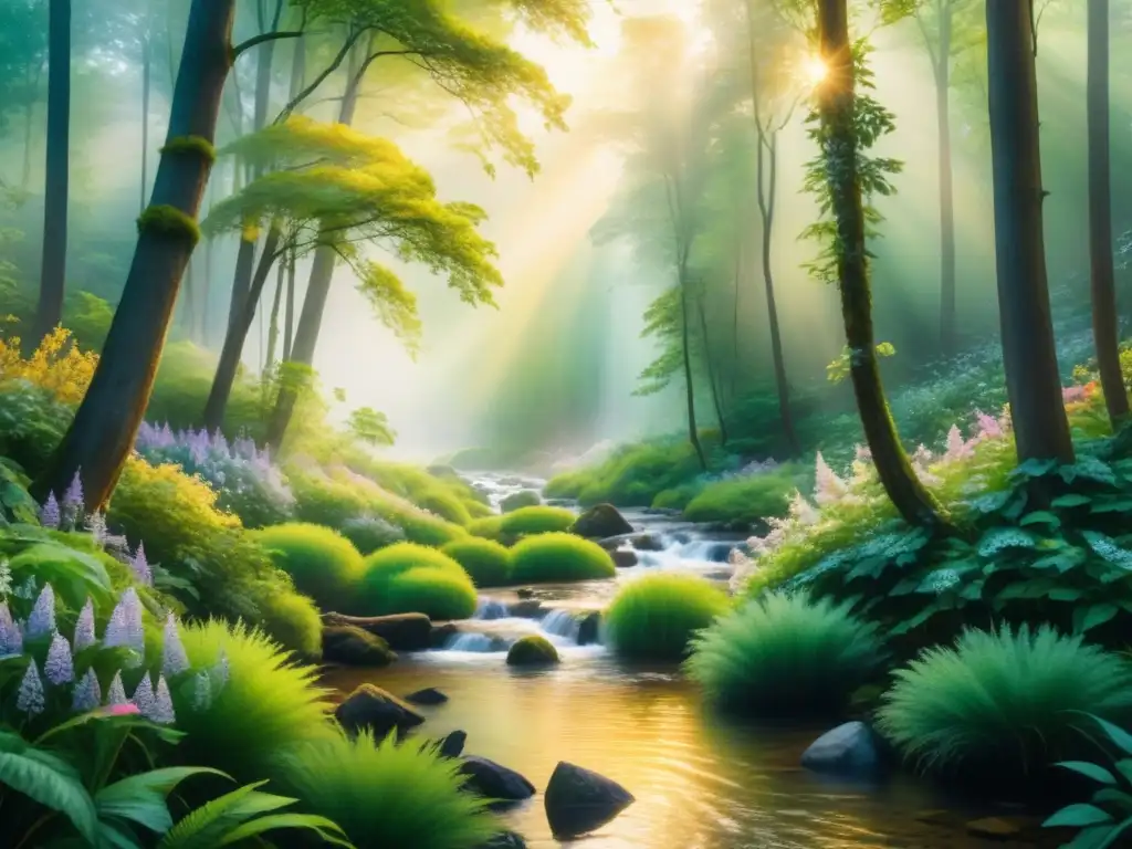 Bosque exuberante al amanecer: acuarela vibrante Pintura acuarela de un bosque exuberante al amanecer, con la luz del sol filtrándose entre el dosel, iluminando el follaje verde y un arroyo tranquilo