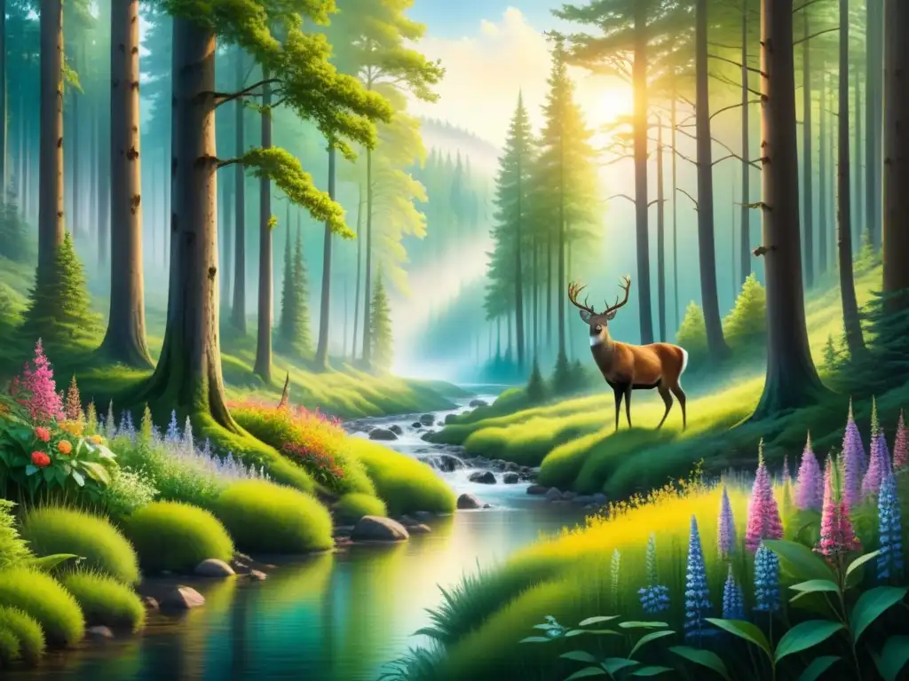 Pintura acuarela de un bosque sereno con árboles, río, flores silvestres y fauna